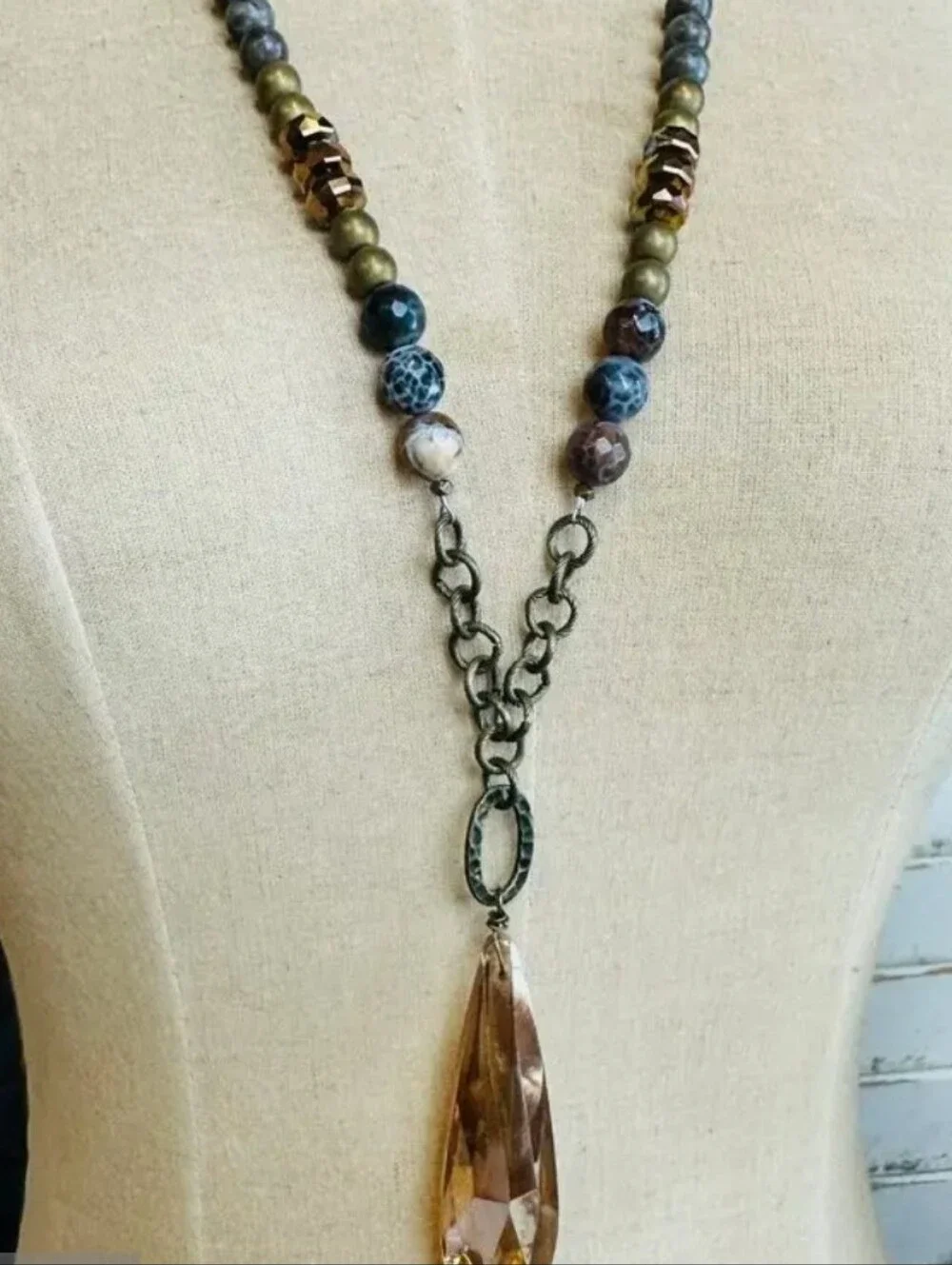 ❣️1 LEFT❣️✨PRICE DROP✨Boho Sable Necklace Beaded Necklace Amber Teardrop Pendant - Picture 1 of 4
